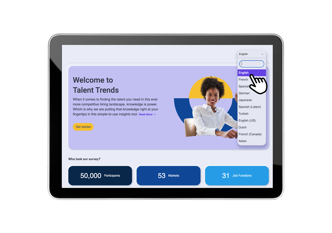 Tablet mit Talent Trends Webseite und Sprachauswahlmenü