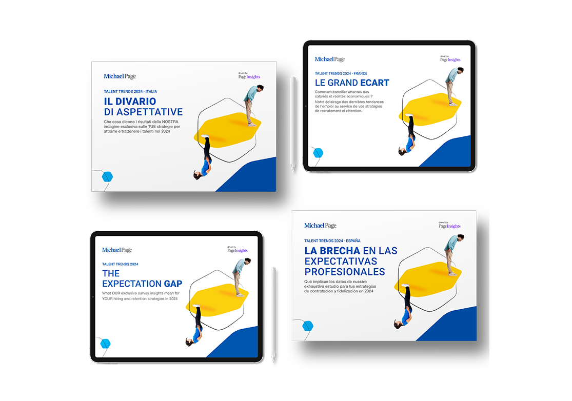 Vier Abbildungen mit Text zu Talenttrends 2024 in verschiedenen Sprachen