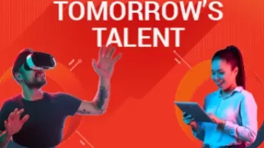 Person mit VR-Brille vor rotem Hintergrund mit Text 'Tomorrow's Talent'.