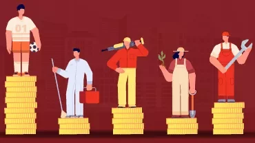 Illustration von Menschen auf Münzstapeln in verschiedenen Berufen
