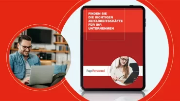 Tablet mit der Aufschrift: Finden Sie die richtigen Zeitarbeitskräfte für Ihr Unternehmen.