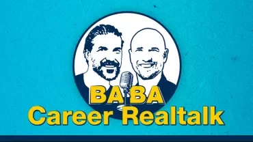 Ein Podcast-Logo mit zwei Personen und einem Mikrofon, Titel: BA BA Career Realtalk.