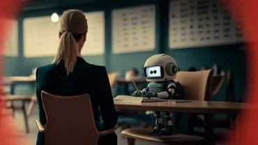 Person und Roboter im Gespräch an einem Tisch.