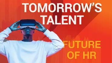 Person mit VR-Headset, Text: 'Tomorrow's Talent, Future of HR'.
