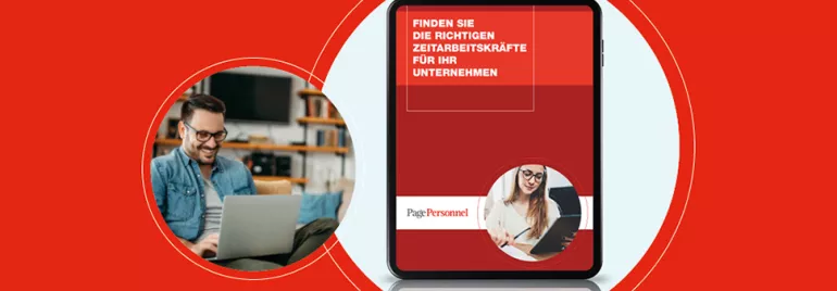 Tablet mit der Aufschrift: Finden Sie die richtigen Zeitarbeitskräfte für Ihr Unternehmen.