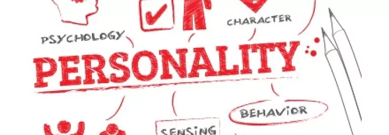 Illustration von Persönlichkeitseigenschaften in Rot, mit Begriffen wie Psychologie und Verhalten.