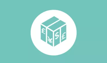 Symbol eines Pakets mit Währungszeichen auf türkisem Hintergrund.